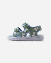 Children's sandal with character print pattern, dual velcro straps and chunky sole, side profile view