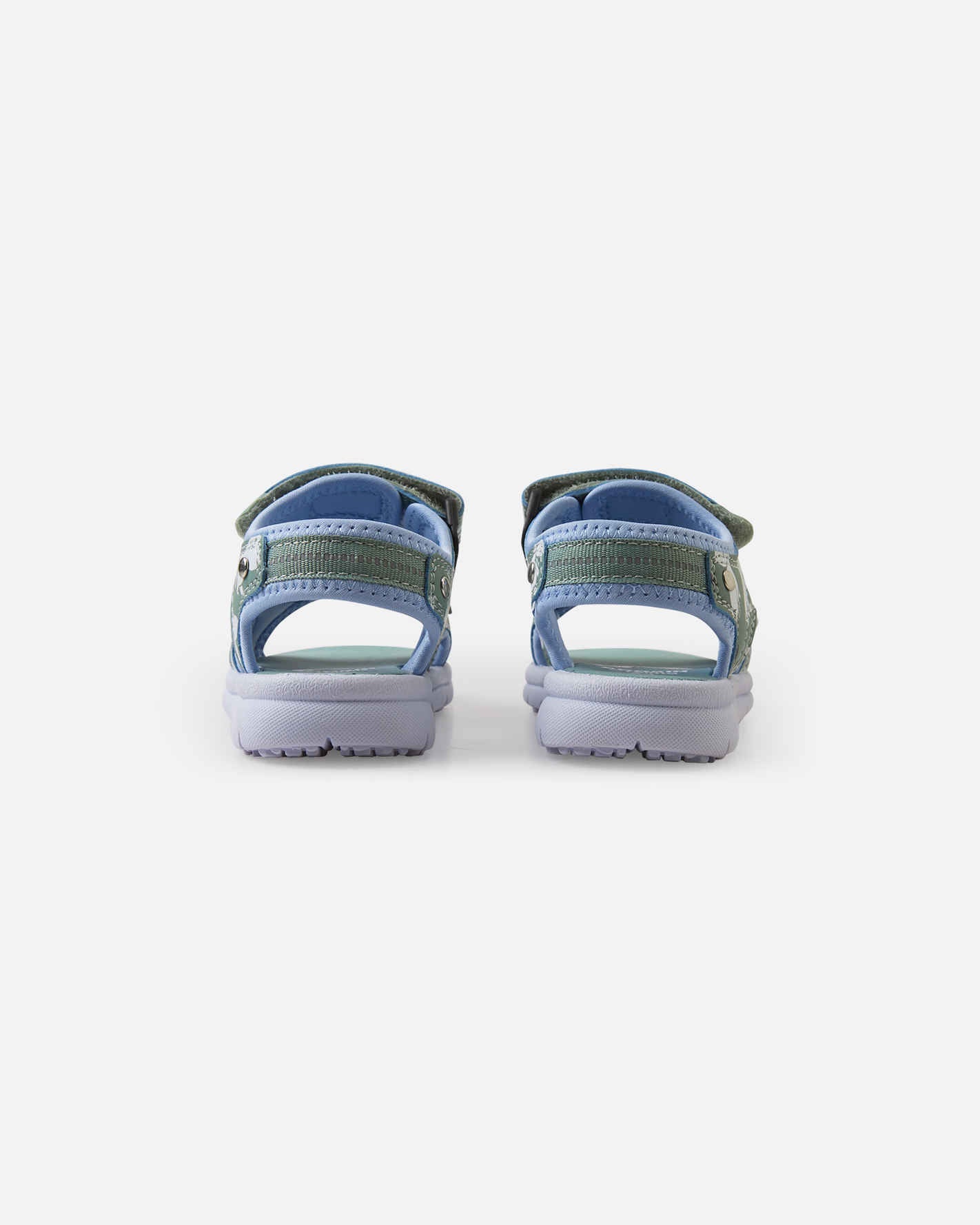 Children's sport sandals with velcro straps in blue and green tones, rear view