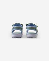 Children's sport sandals with velcro straps in blue and green tones, rear view