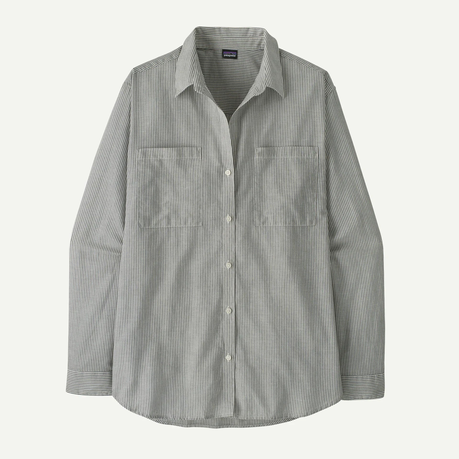 Gray and white striped button-down shirt with long sleeves and chest pocket