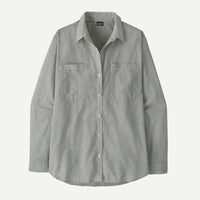 Gray and white striped button-down shirt with long sleeves and chest pocket
