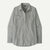 Gray and white striped button-down shirt with long sleeves and chest pocket
