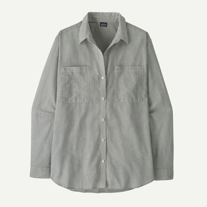 Gray and white striped button-down shirt with long sleeves and chest pocket