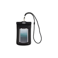 Black waterproof phone case with clear window and adjustable neck strap