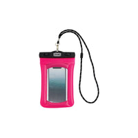 Waterproof phone case with clear window containing smartphone, attached black lanyard strap