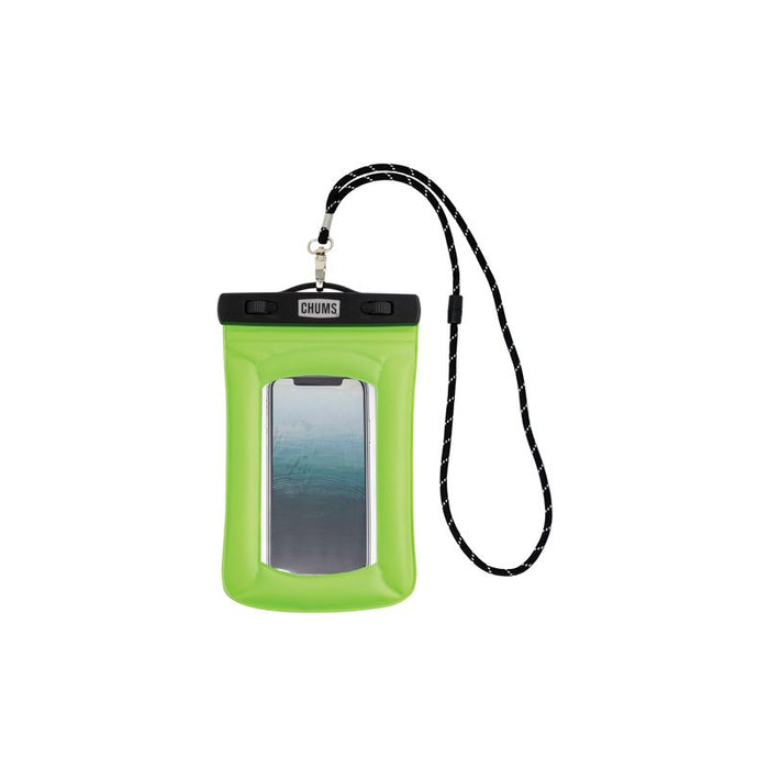 Waterproof phone case with clear window showing smartphone inside, attached black lanyard strap