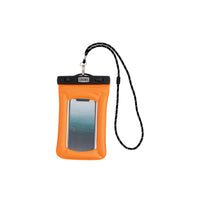 Orange waterproof phone case with black lanyard and clear window showing smartphone inside
