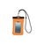 Orange waterproof phone case with black lanyard and clear window showing smartphone inside