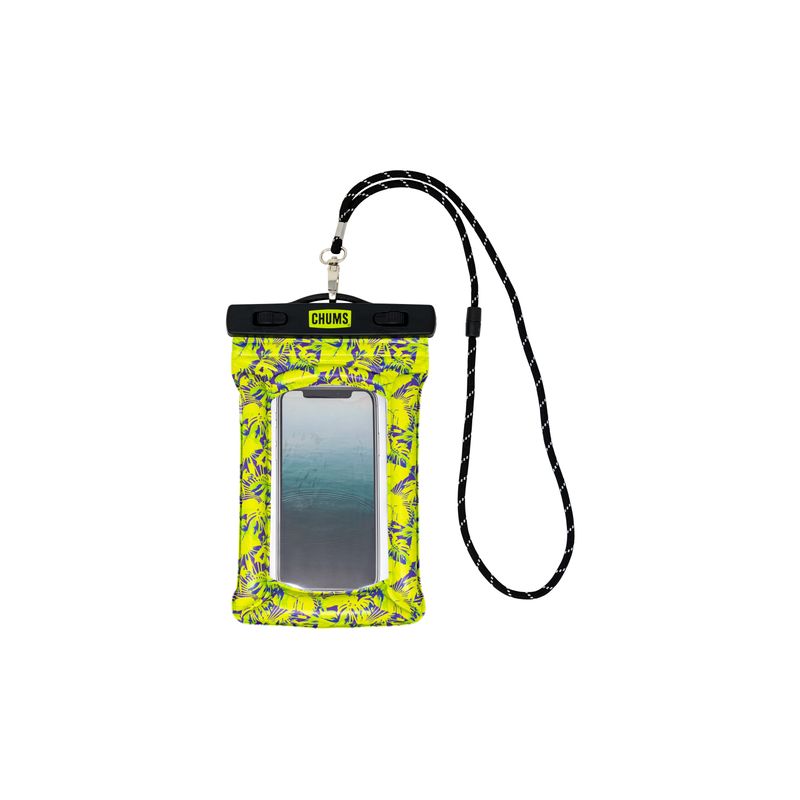 Waterproof phone case with neon yellow tropical pattern and black neck strap