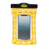 Waterproof phone case with yellow patterned design, clear window, and black seal closure