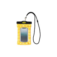 Waterproof phone case with yellow sunburst pattern design and black lanyard strap