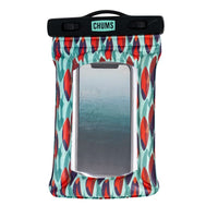 Waterproof phone case with colorful geometric pattern and clear window, front view