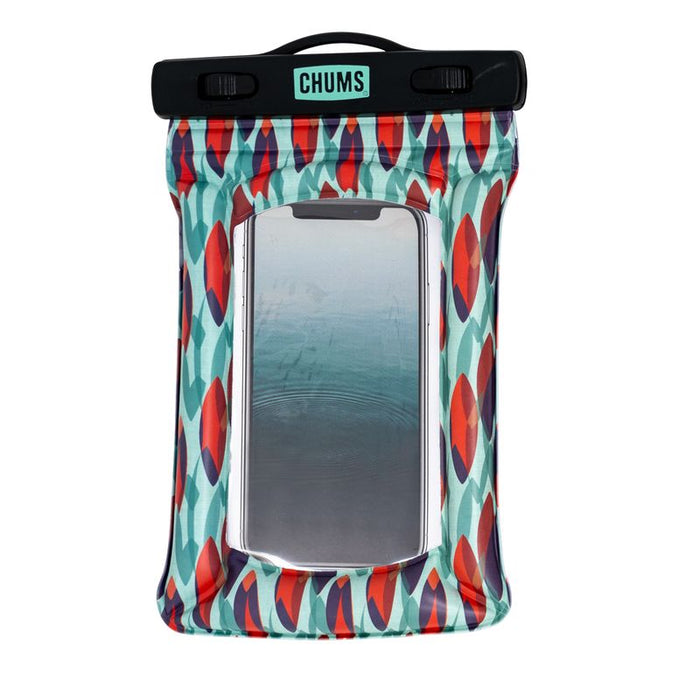 Waterproof phone case with colorful geometric pattern and clear window, front view
