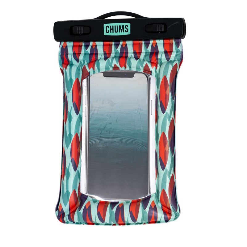 Waterproof phone case with colorful geometric pattern and clear window, front view
