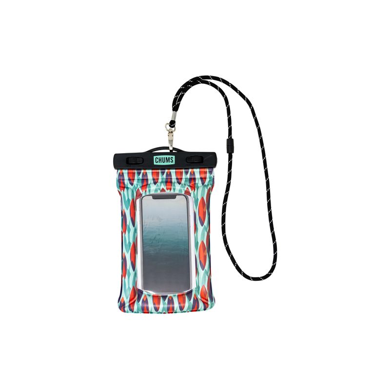 Waterproof phone case with geometric pattern and clear window, attached black neck strap