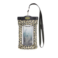 Waterproof phone case with leopard print pattern, clear front window, and neck strap