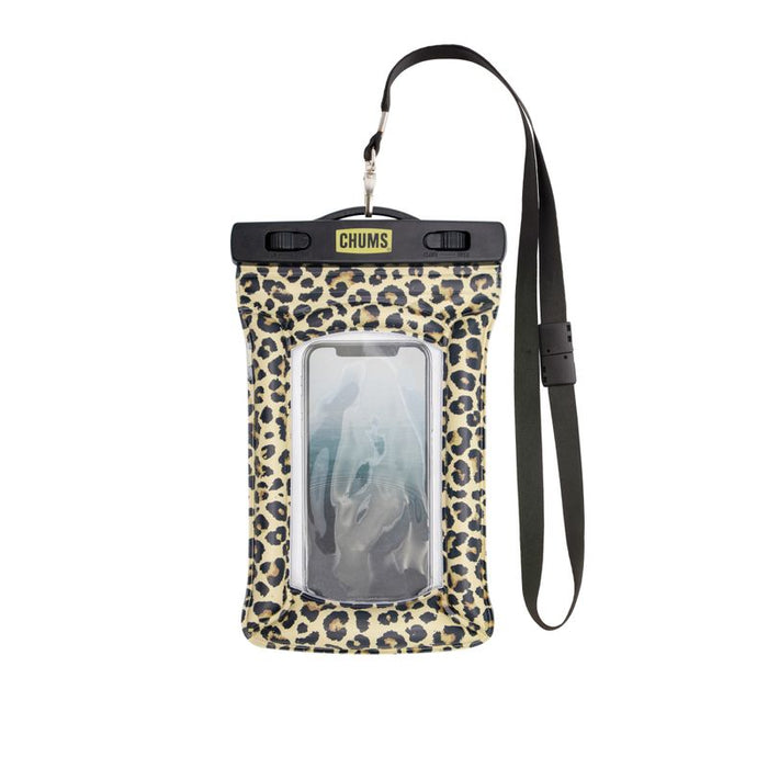 Waterproof phone case with leopard print pattern, clear front window, and neck strap