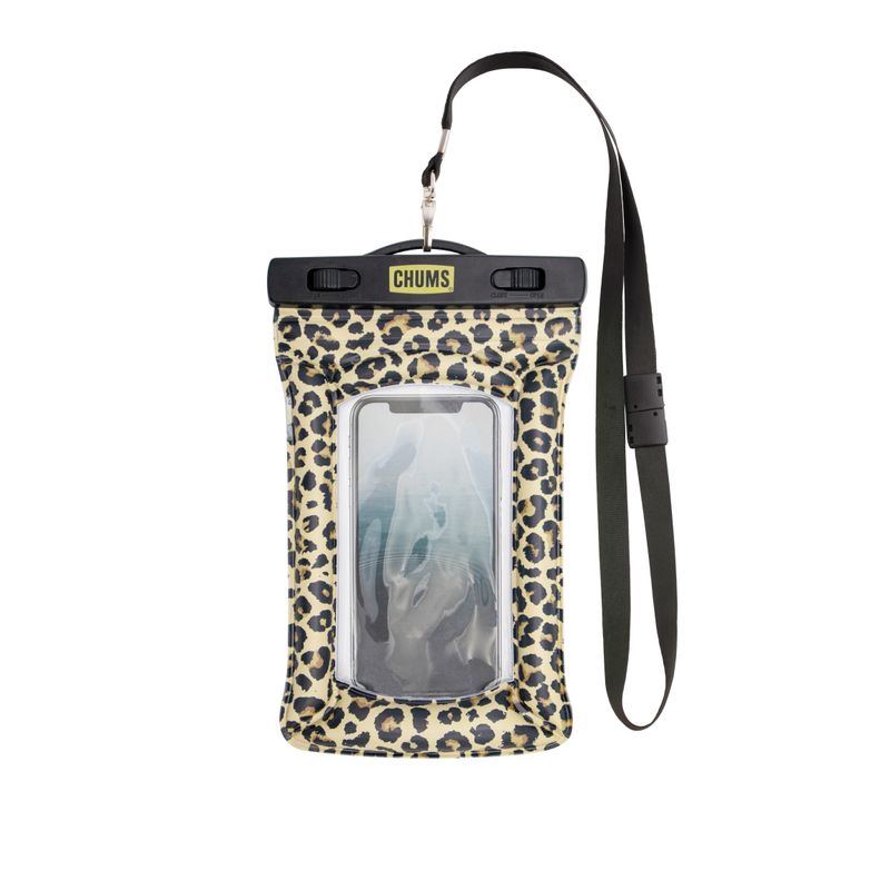 Waterproof phone case with leopard print pattern, clear front window, and neck strap