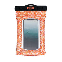 Orange waterproof phone case with white wave pattern, clear window showing smartphone inside