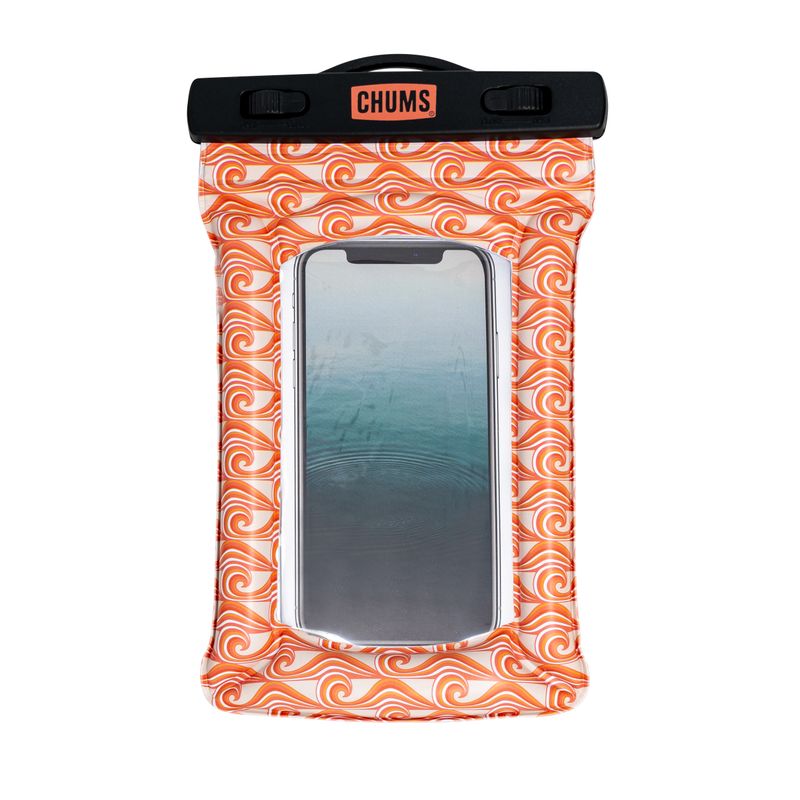 Orange waterproof phone case with white wave pattern, clear window showing smartphone inside