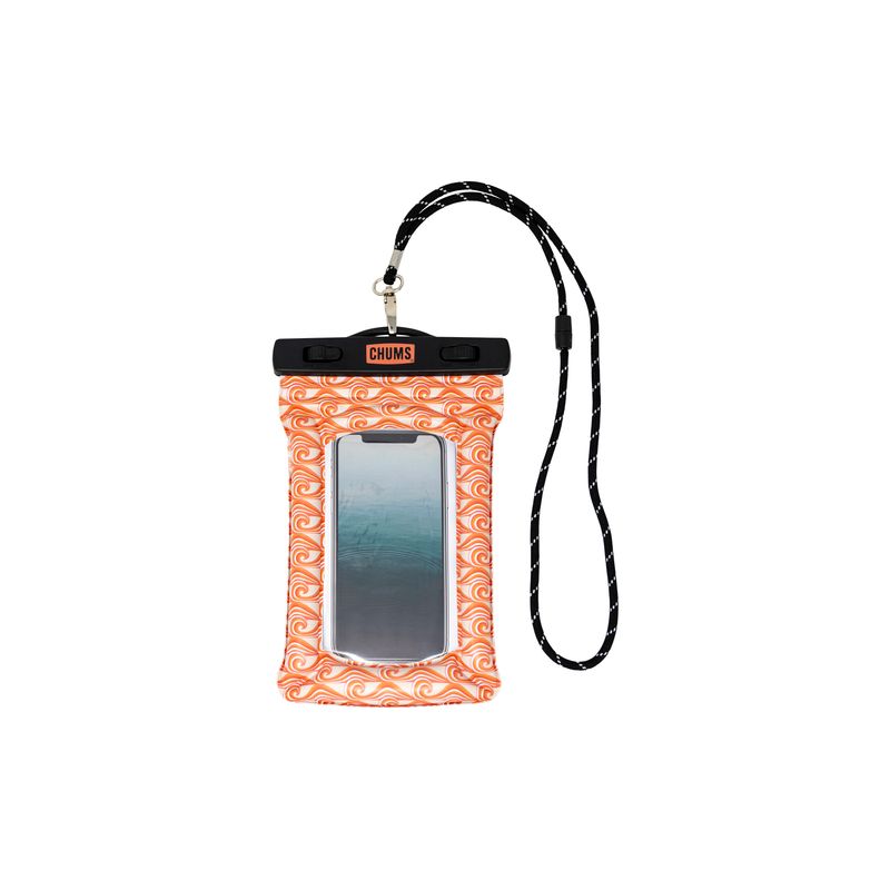 Orange waterproof phone case with wave pattern, clear window, and black neck strap