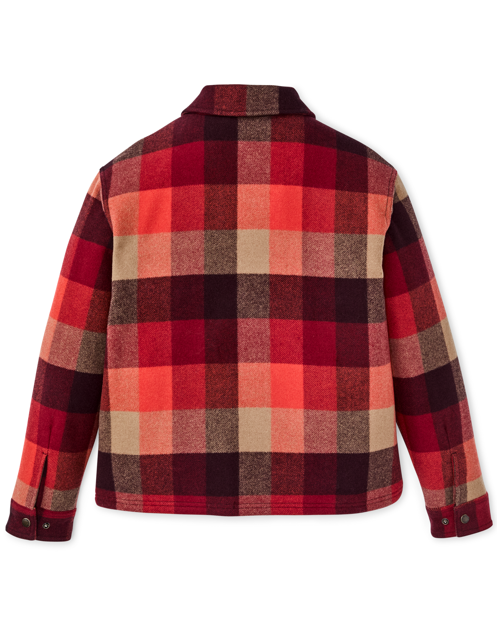 Plaid insulated jacket back view with snap cuffs and large buffalo check pattern