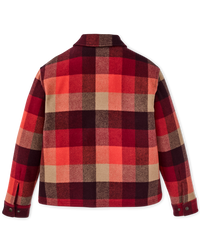 Plaid insulated jacket back view with snap cuffs and large buffalo check pattern