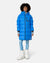 Women's long quilted puffer parka in bright blue, front view, with hood and zip closure