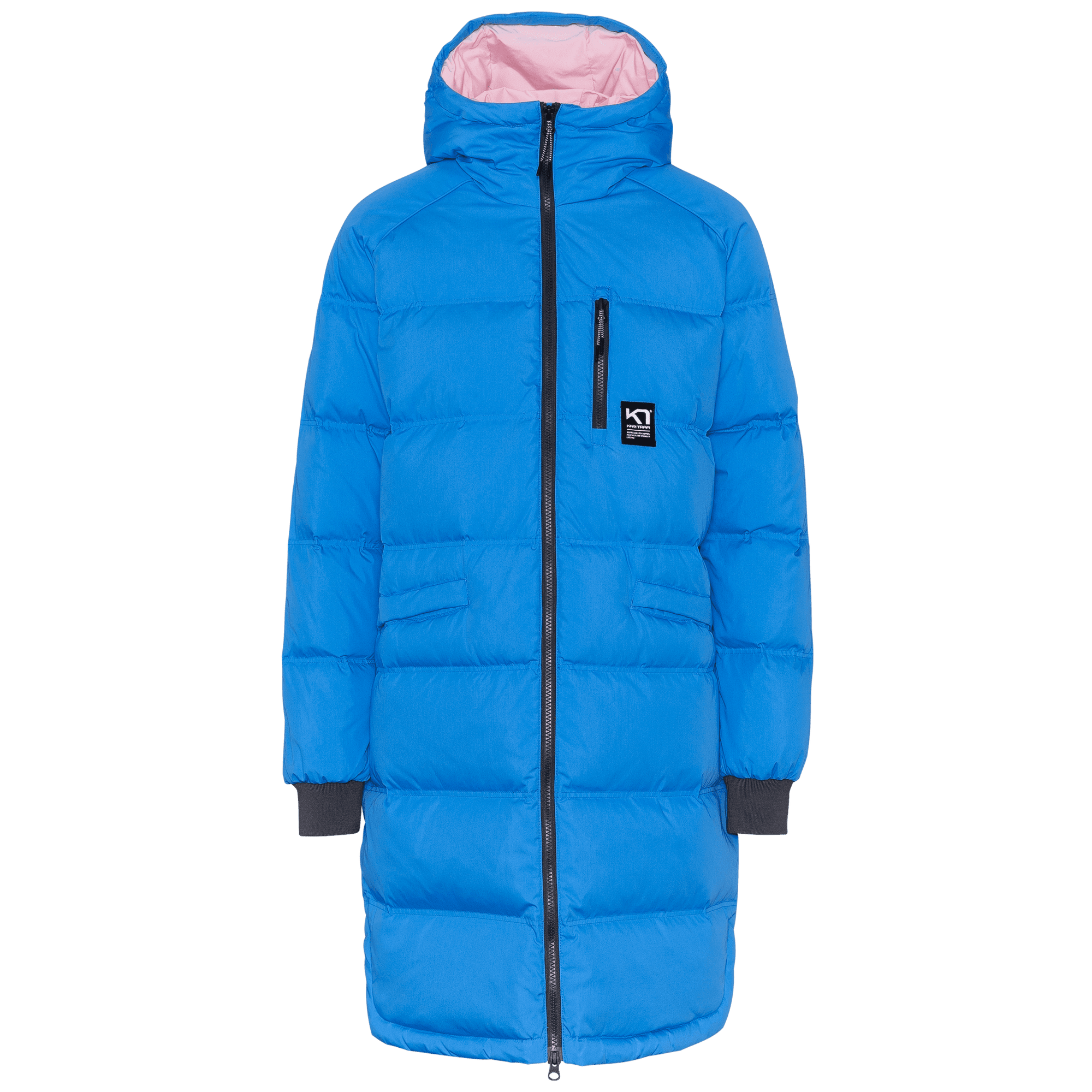 Bright blue quilted women's long parka with hood, front zip, and pink interior hood lining