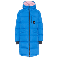 Bright blue quilted women's long parka with hood, front zip, and pink interior hood lining