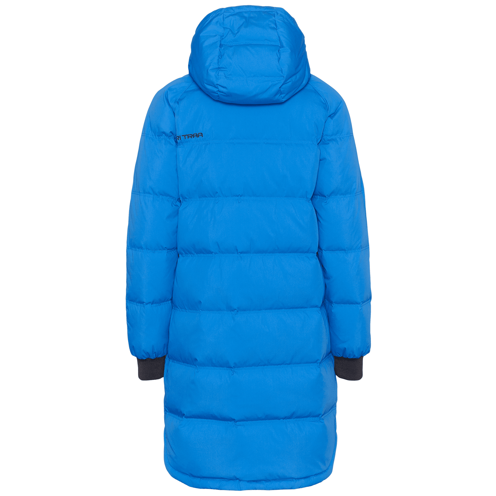 Long quilted hooded parka with ribbed cuffs, back view on white background