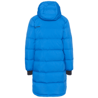 Long quilted hooded parka with ribbed cuffs, back view on white background