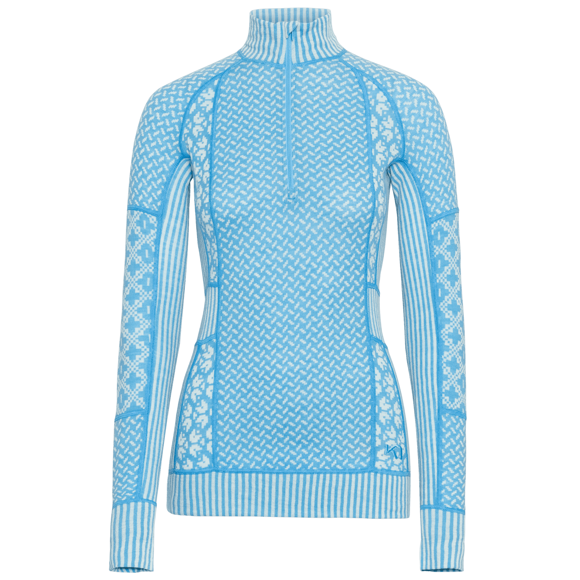 Women's half-zip turtleneck base layer with blue and white Nordic knit pattern, front view