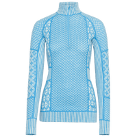 Women's half-zip turtleneck base layer with blue and white Nordic knit pattern, front view