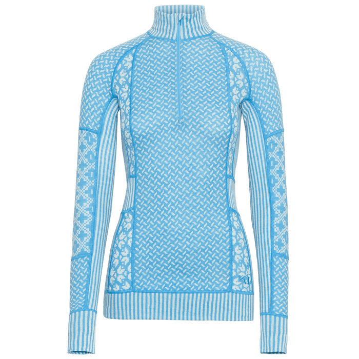 Women's half-zip turtleneck base layer with blue and white Nordic knit pattern, front view