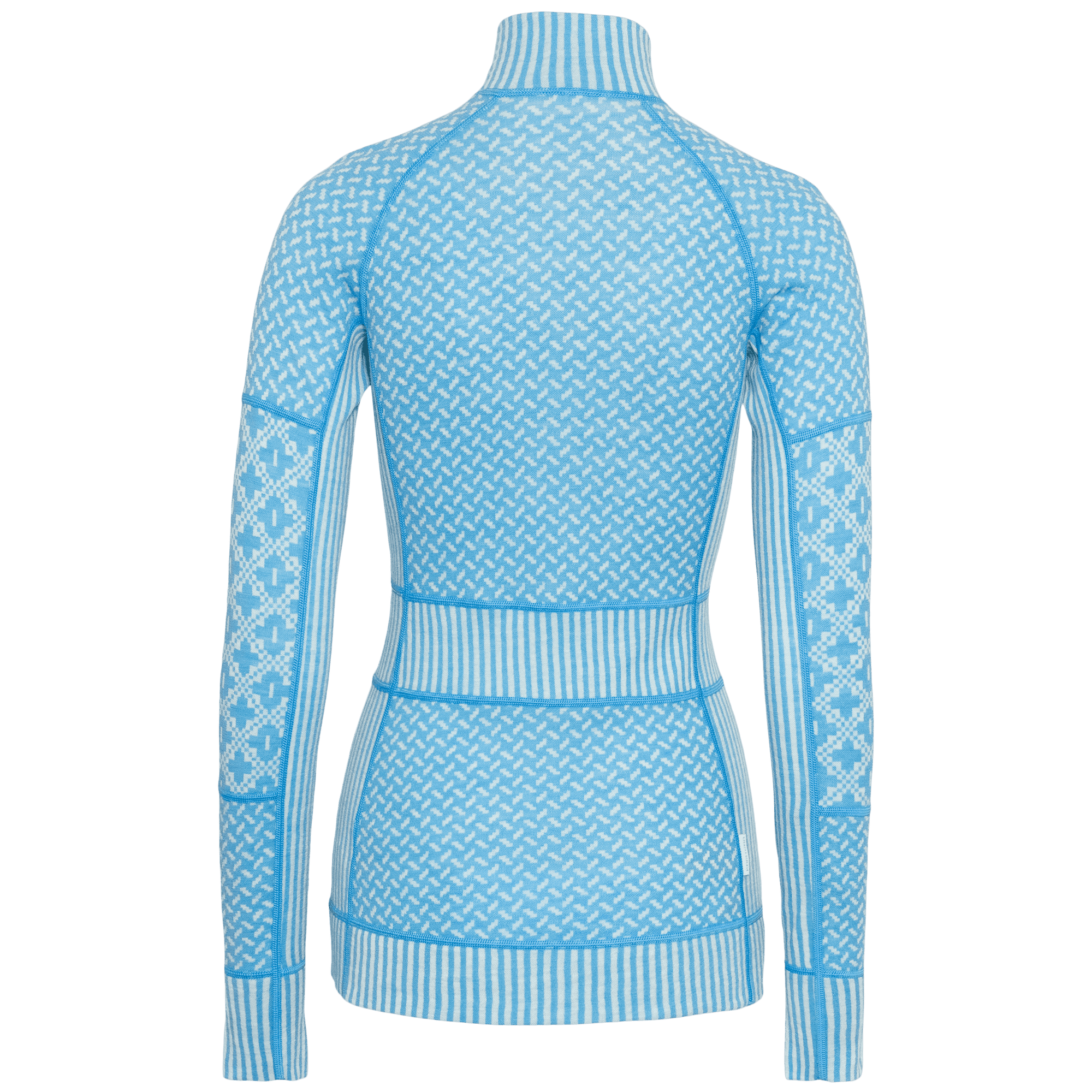 Women's half-zip knit top, back view, light blue Nordic pattern with turtleneck collar