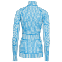 Women's half-zip knit top, back view, light blue Nordic pattern with turtleneck collar