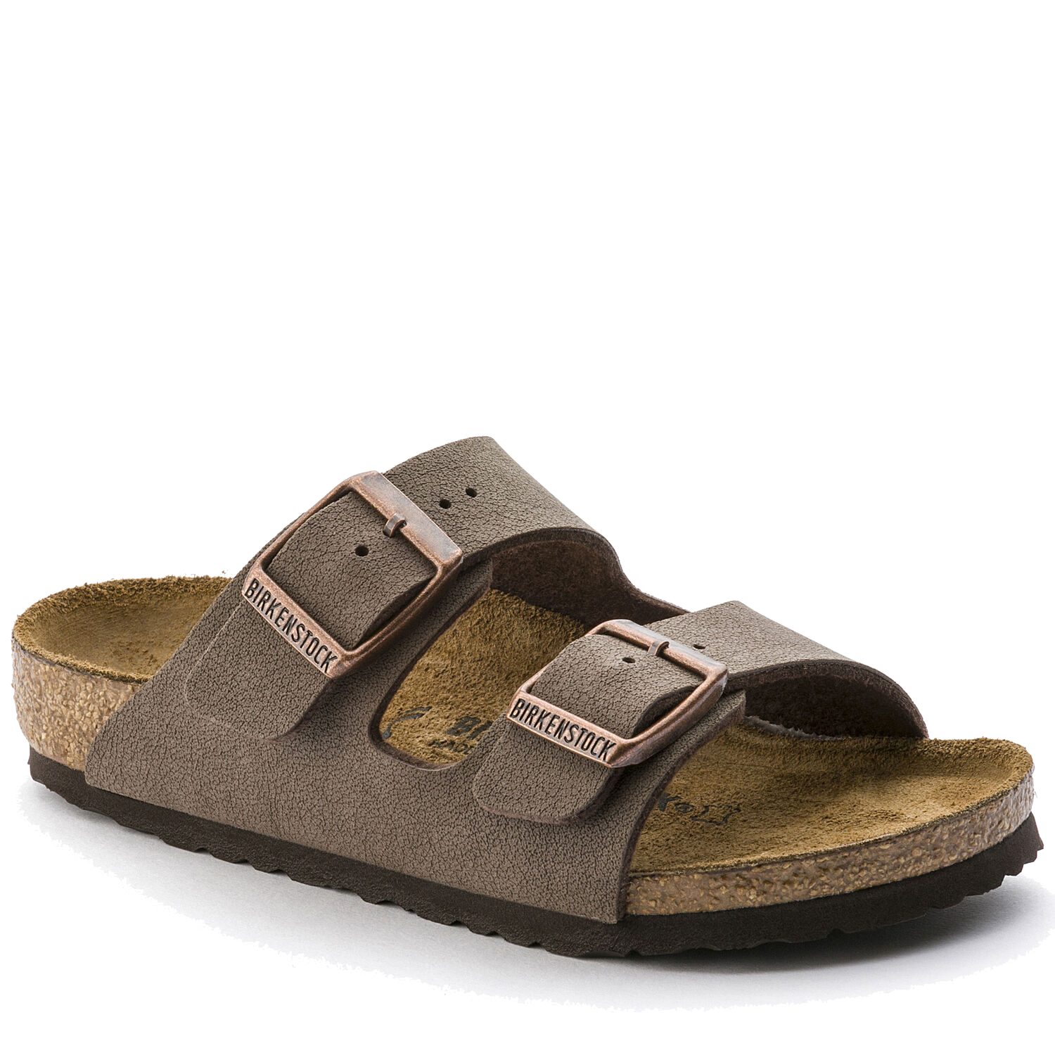 Brown suede two-strap sandals with buckles and cork footbed, side angle view