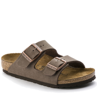Brown suede two-strap sandals with buckles and cork footbed, side angle view