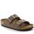 Brown suede two-strap sandals with buckles and cork footbed, side angle view