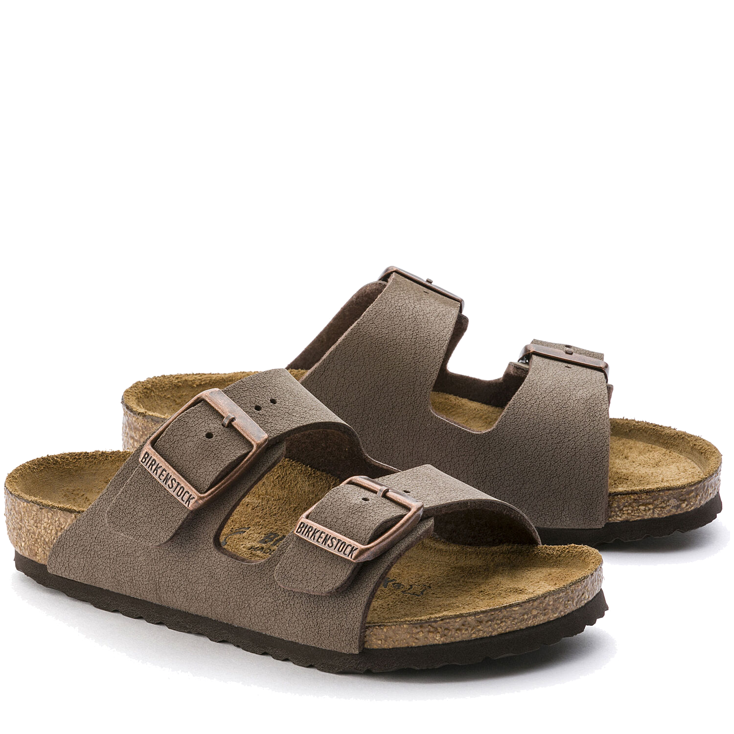 Two-strap cork footbed sandals in taupe brown with adjustable buckles, side view