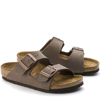 Two-strap cork footbed sandals in taupe brown with adjustable buckles, side view