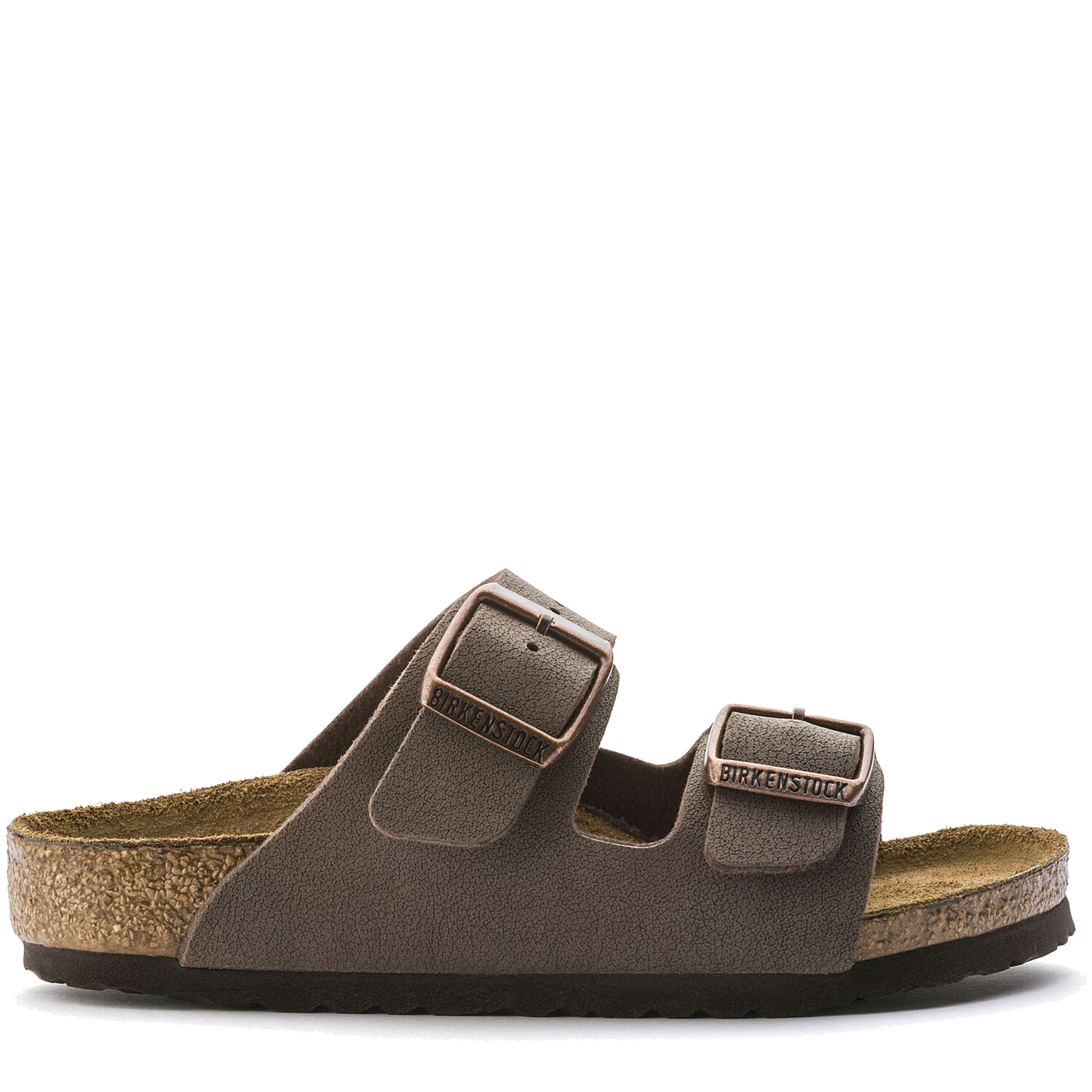 Brown two-strap sandals with buckle closures and cork footbed, side view