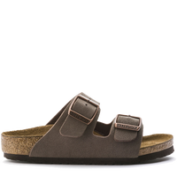 Brown two-strap sandals with buckle closures and cork footbed, side view
