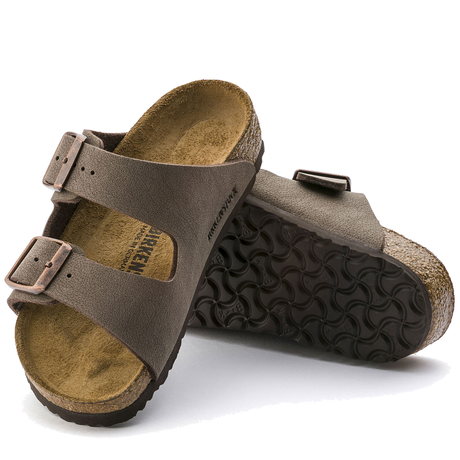 Brown leather sandals with two adjustable straps and textured sole, shown from side angle