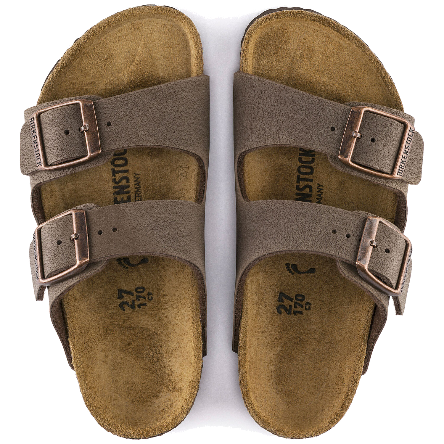 Brown two-strap sandals with buckles and cork footbed, top view showing both feet