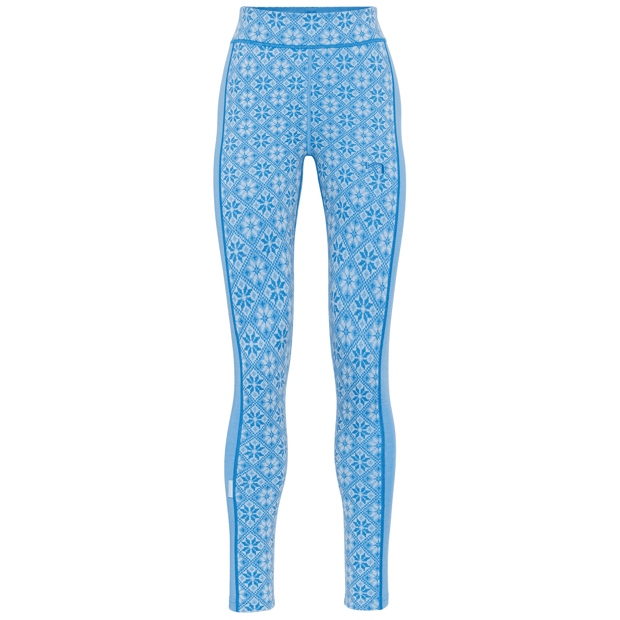 High-waist women's base layer leggings with Nordic snowflake pattern, front view, full length