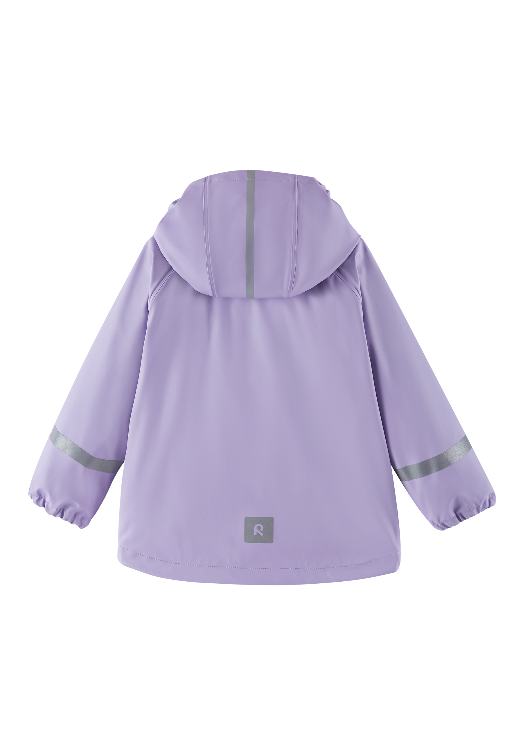 Light purple children's hooded raincoat with reflective strips, back view showing hood and elastic cuffs