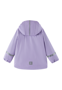 Light purple children's hooded raincoat with reflective strips, back view showing hood and elastic cuffs