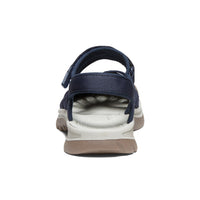 Navy blue sport sandal with adjustable straps and white sole, rear view